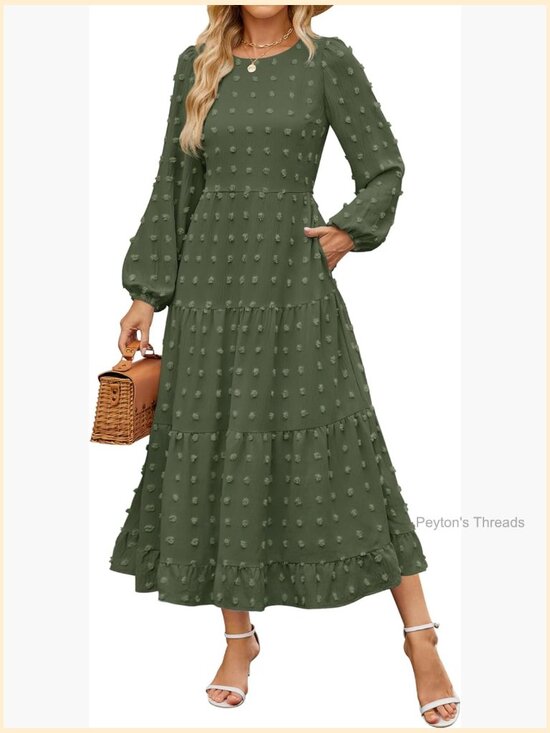 Dresses & Skirts - Long Sleeve Swiss Dot Maxi Dress Flowy A-Line Tiered Wedding Guest